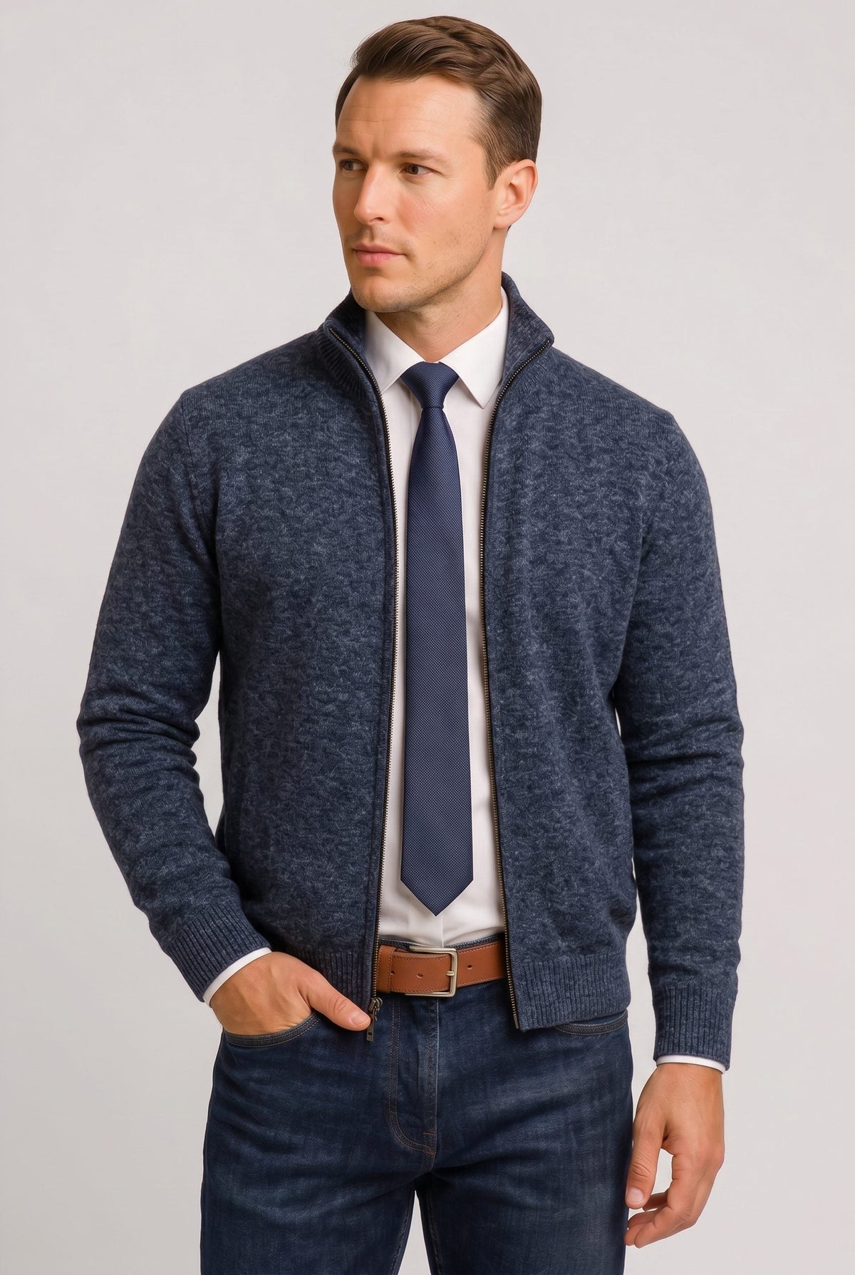 Strickjacke mit Reißverschluss und Rippstruktur für Herren - Marineblau