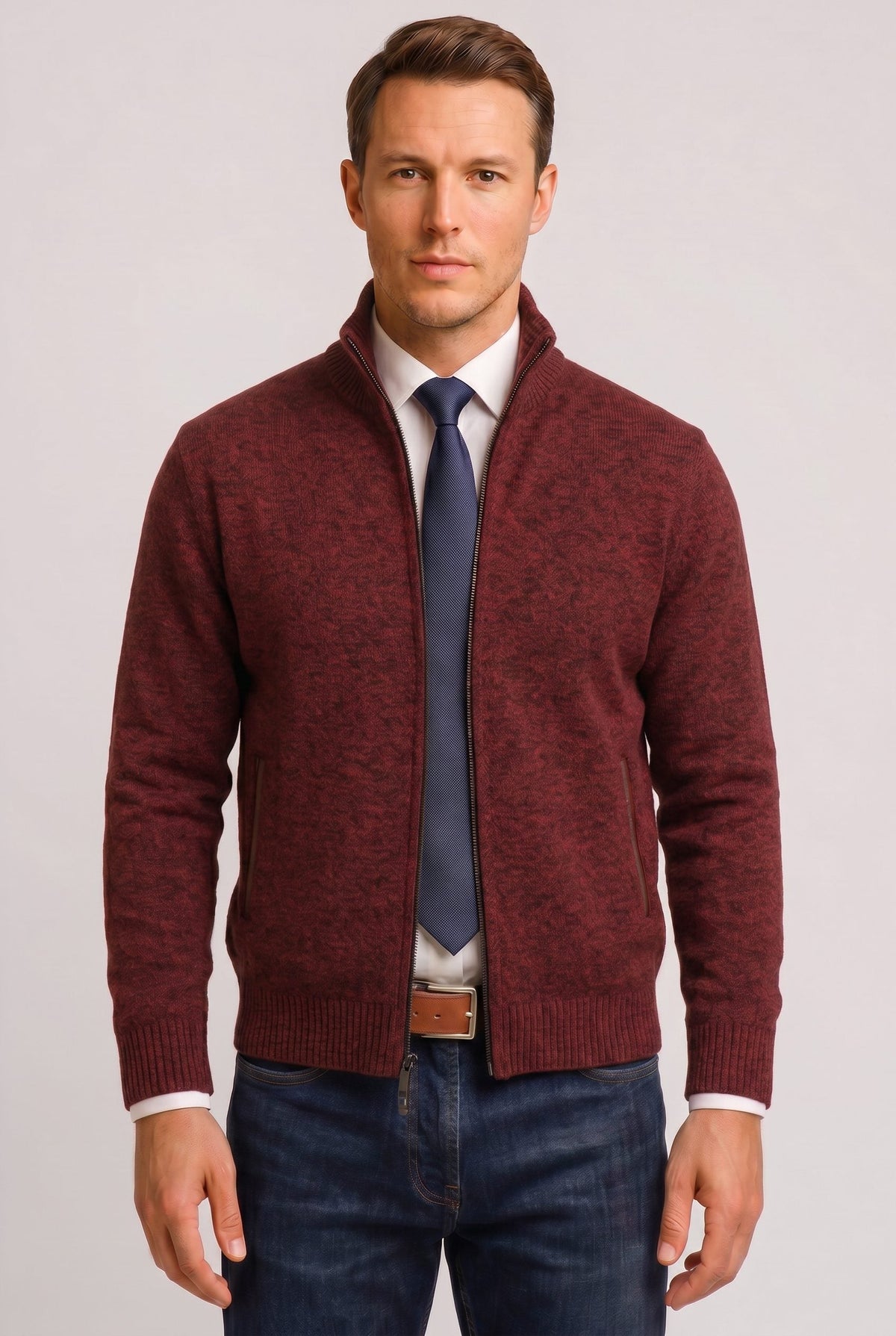 Strickjacke mit Reißverschluss und Rippstruktur für Herren - Bordeauxrot