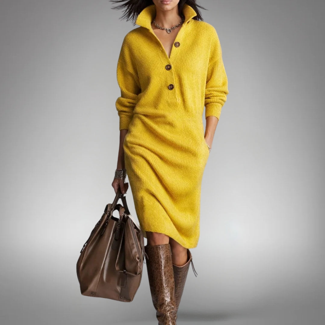 Strickkleid mit hohem Ausschnitt und Knopfleiste für Damen