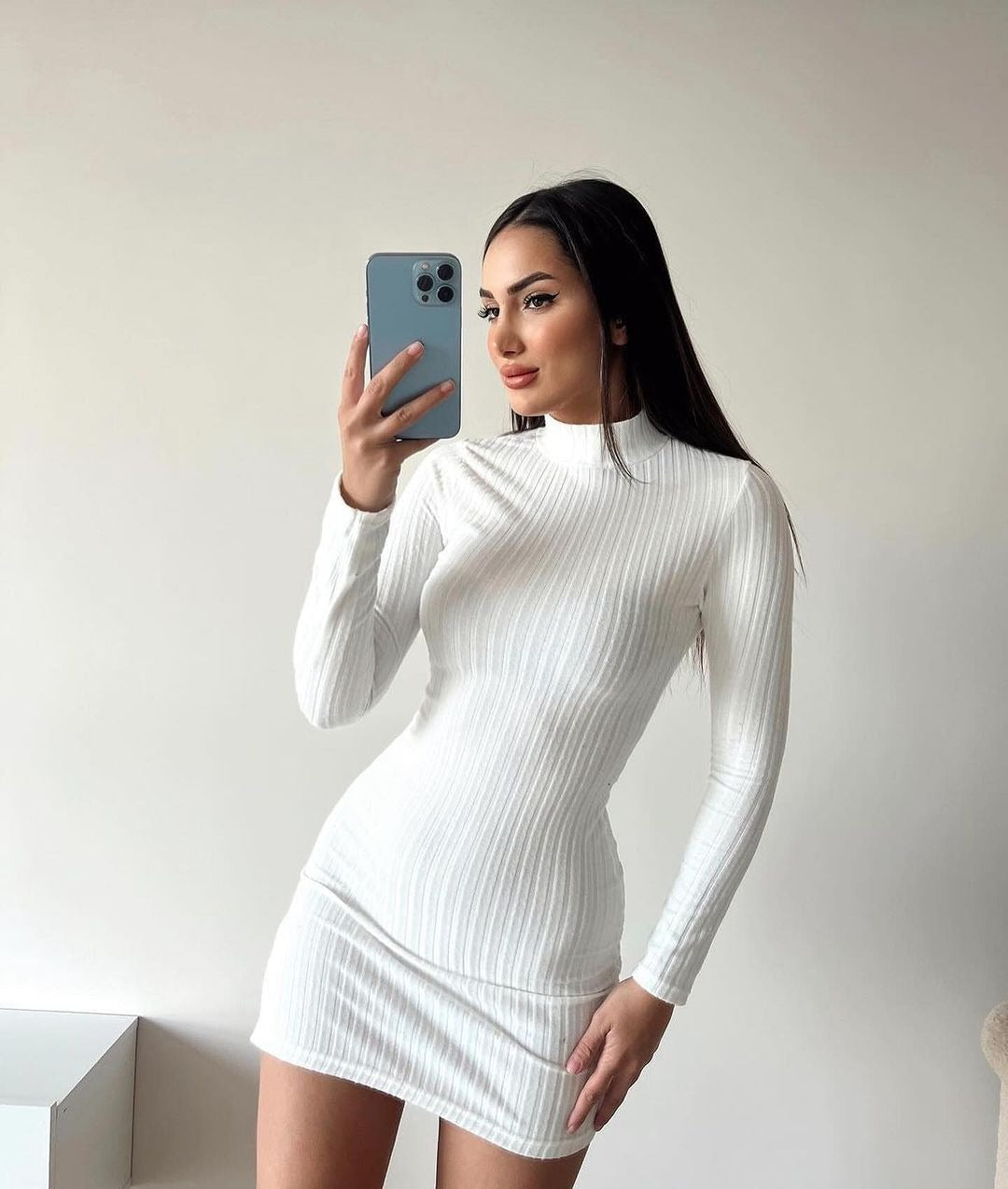 Strickkleid mit Rippstruktur und Rollkragen für Damen