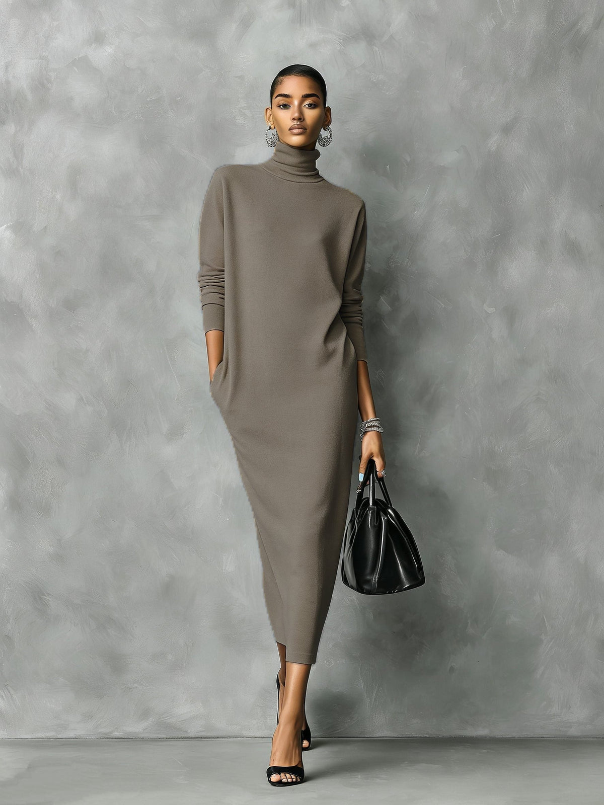 Strickkleid mit Rollkragen und langen Ärmeln für Damen - Khakibraun