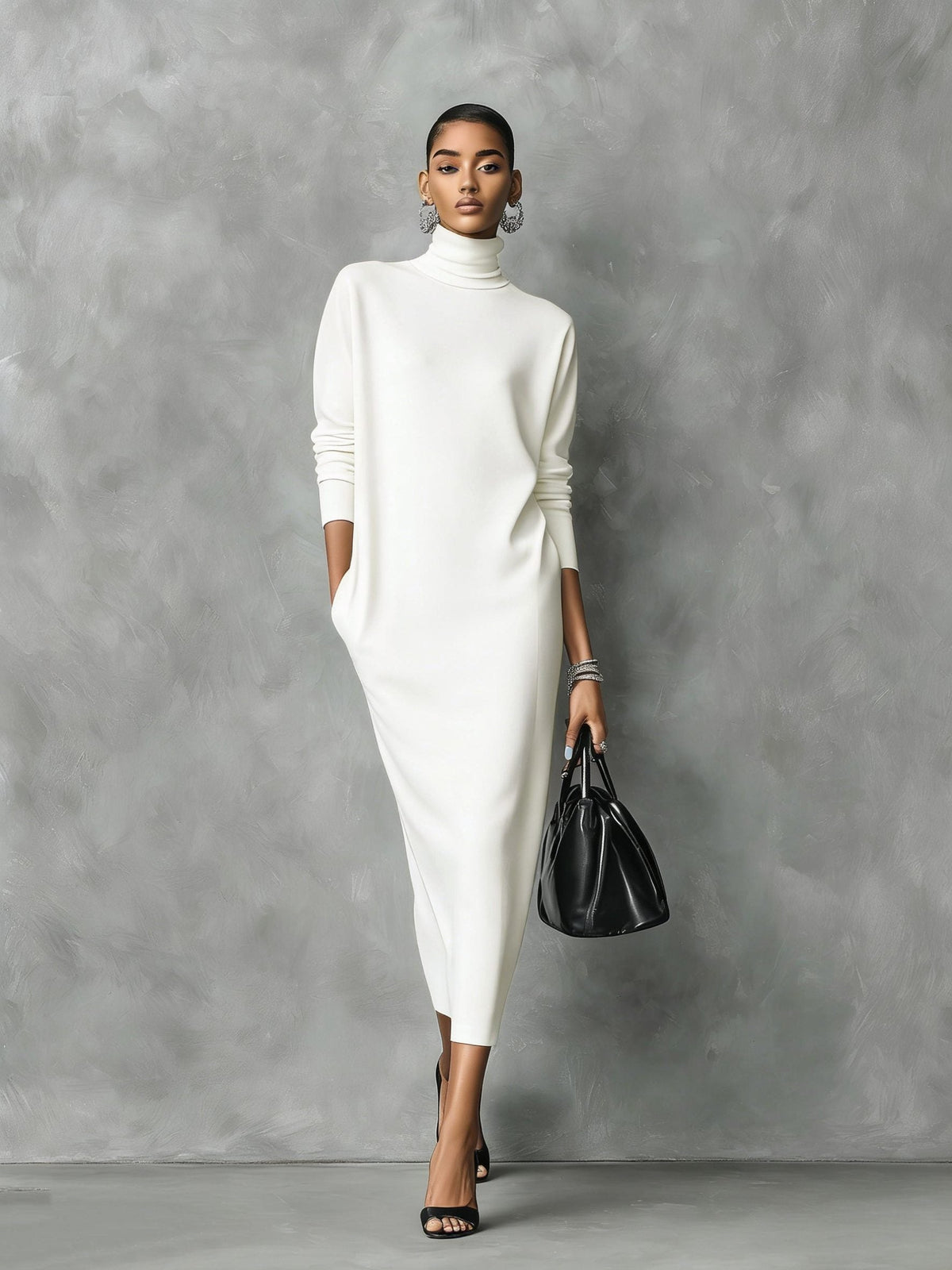 Strickkleid mit Rollkragen und langen Ärmeln für Damen - Weiß