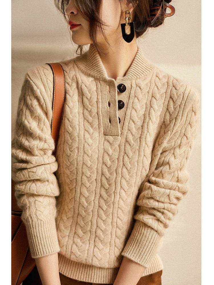 Strickpullover mit Zopfmuster und Knopfleiste für Damen