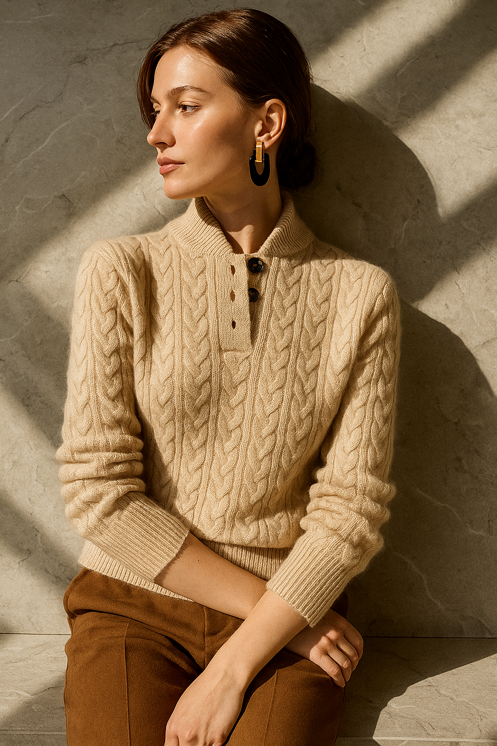 Strickpullover mit Zopfmuster und Knopfleiste für Damen