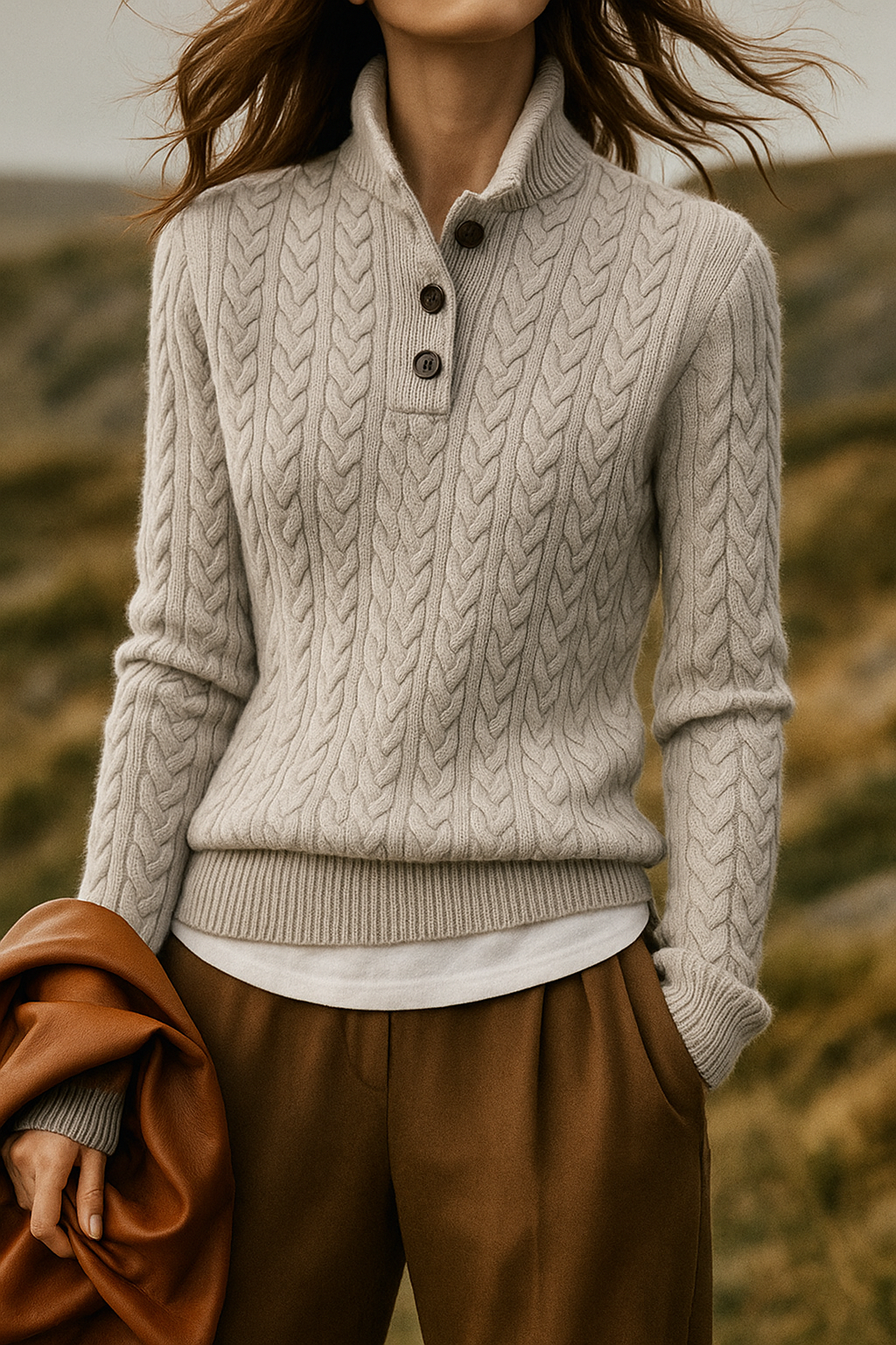 Strickpullover mit Zopfmuster und Knopfleiste für Damen