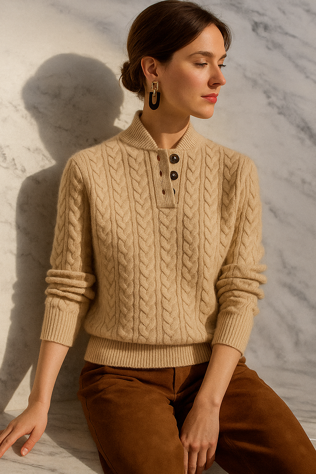 Strickpullover mit Zopfmuster und Knopfleiste für Damen
