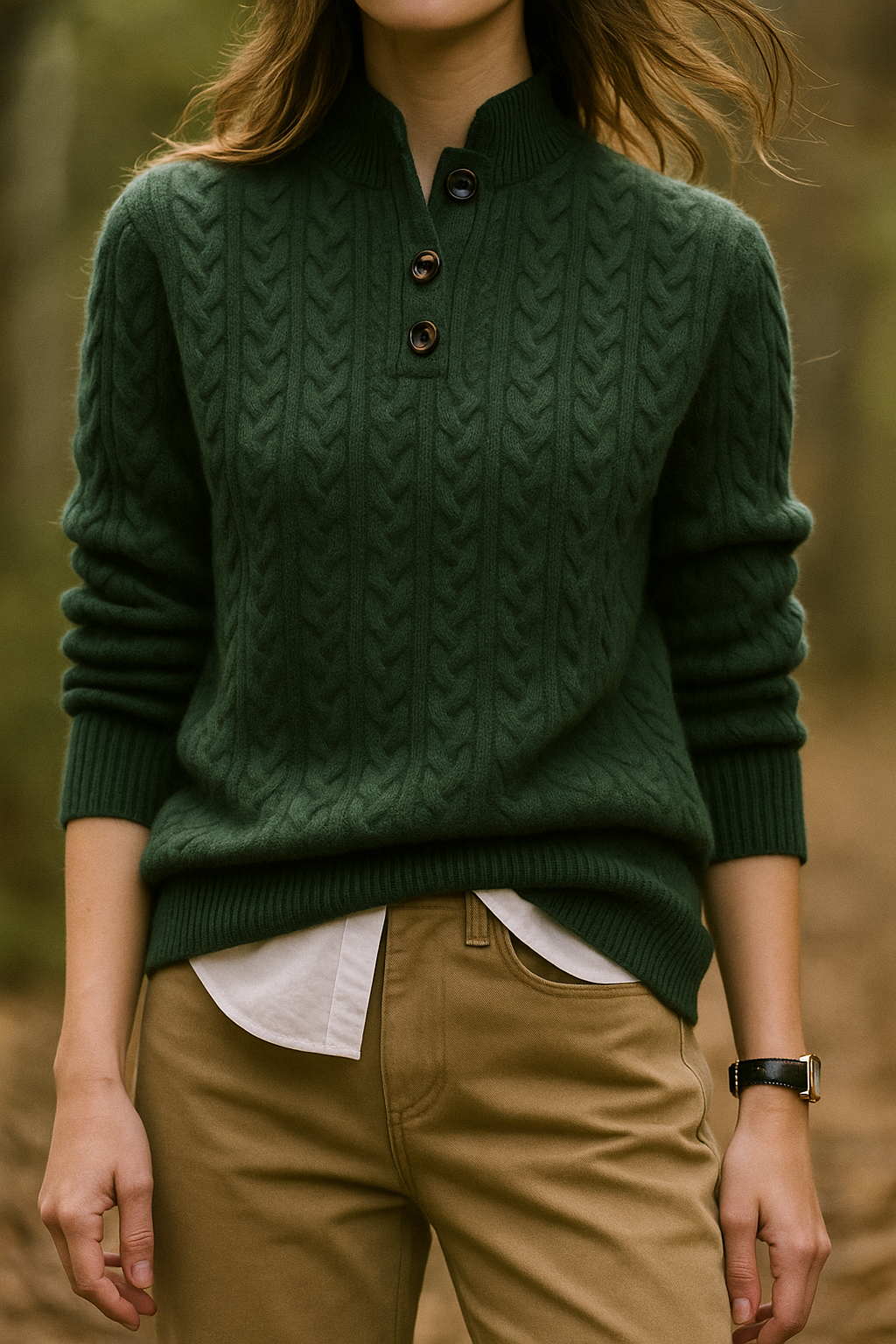 Strickpullover mit Zopfmuster und Knopfleiste für Damen
