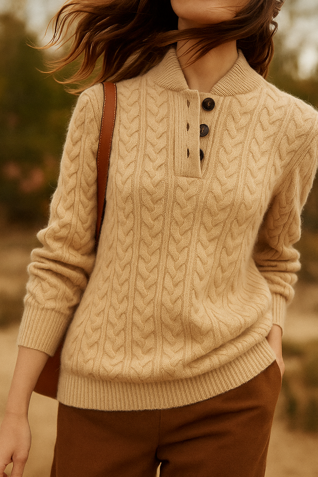 Strickpullover mit Zopfmuster und Knopfleiste für Damen