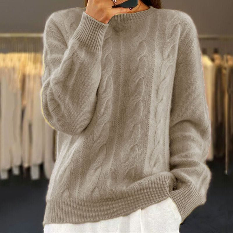 Strickpullover mit Zopfmuster und Rundhalsausschnitt für Damen