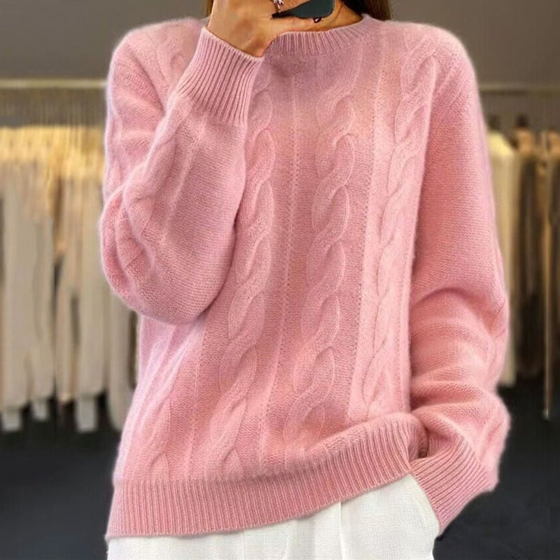 Strickpullover mit Zopfmuster und Rundhalsausschnitt für Damen