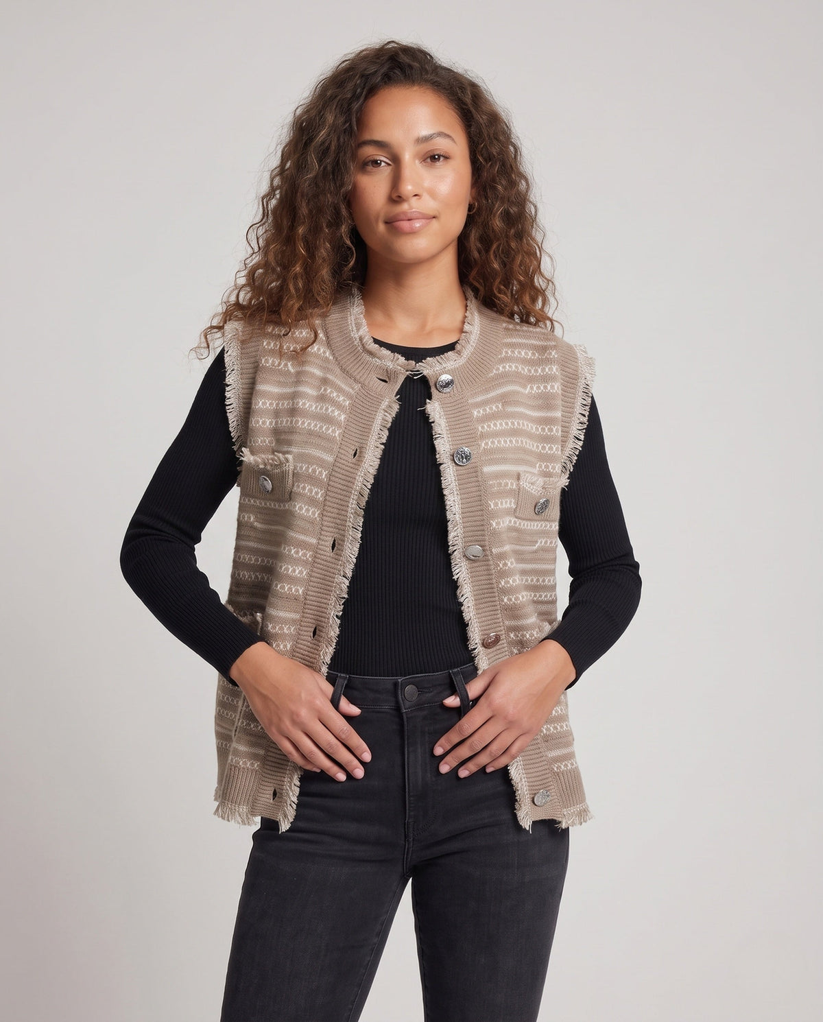 Strickweste mit Jacquardmuster und Fransen für Damen