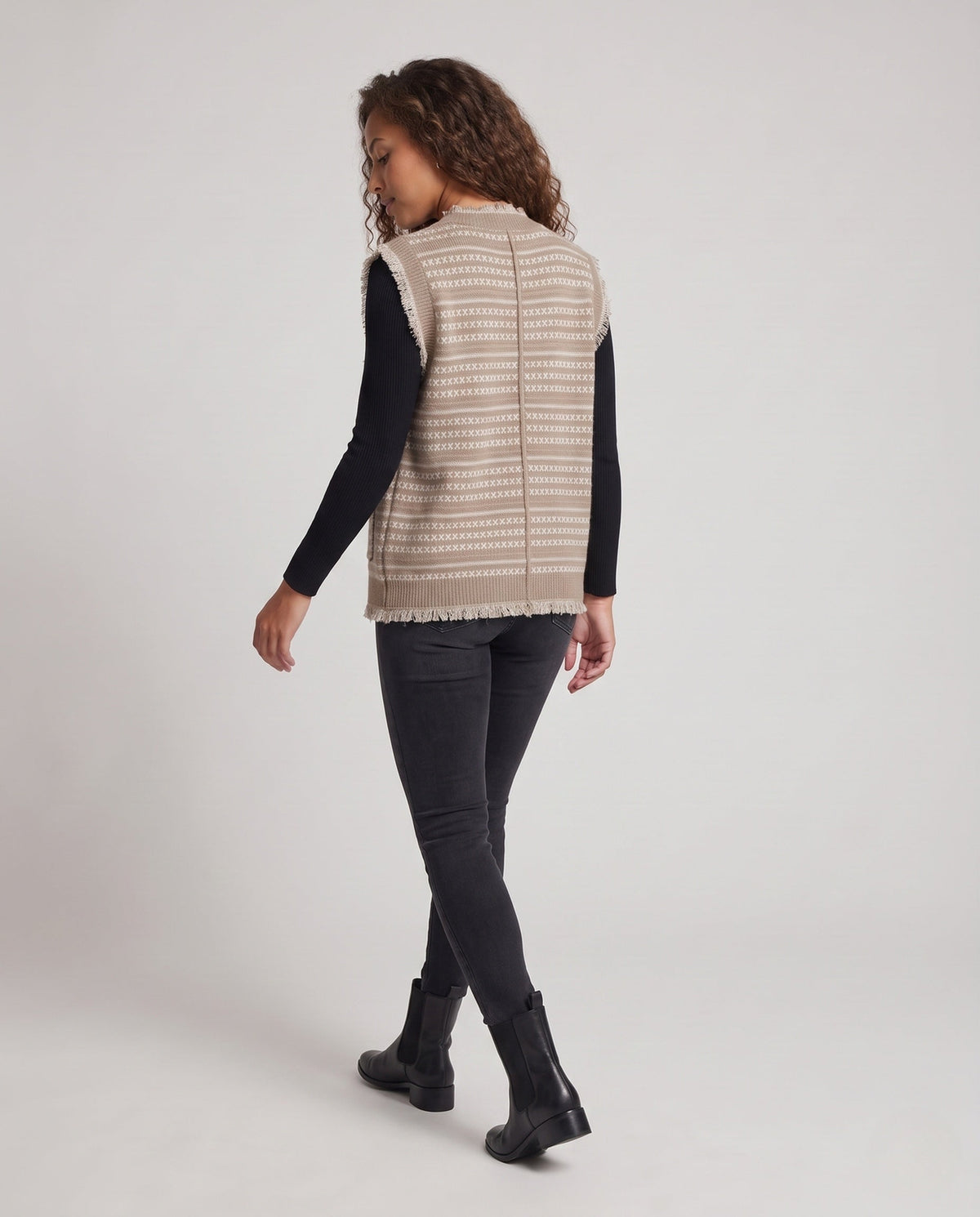 Strickweste mit Jacquardmuster und Fransen für Damen