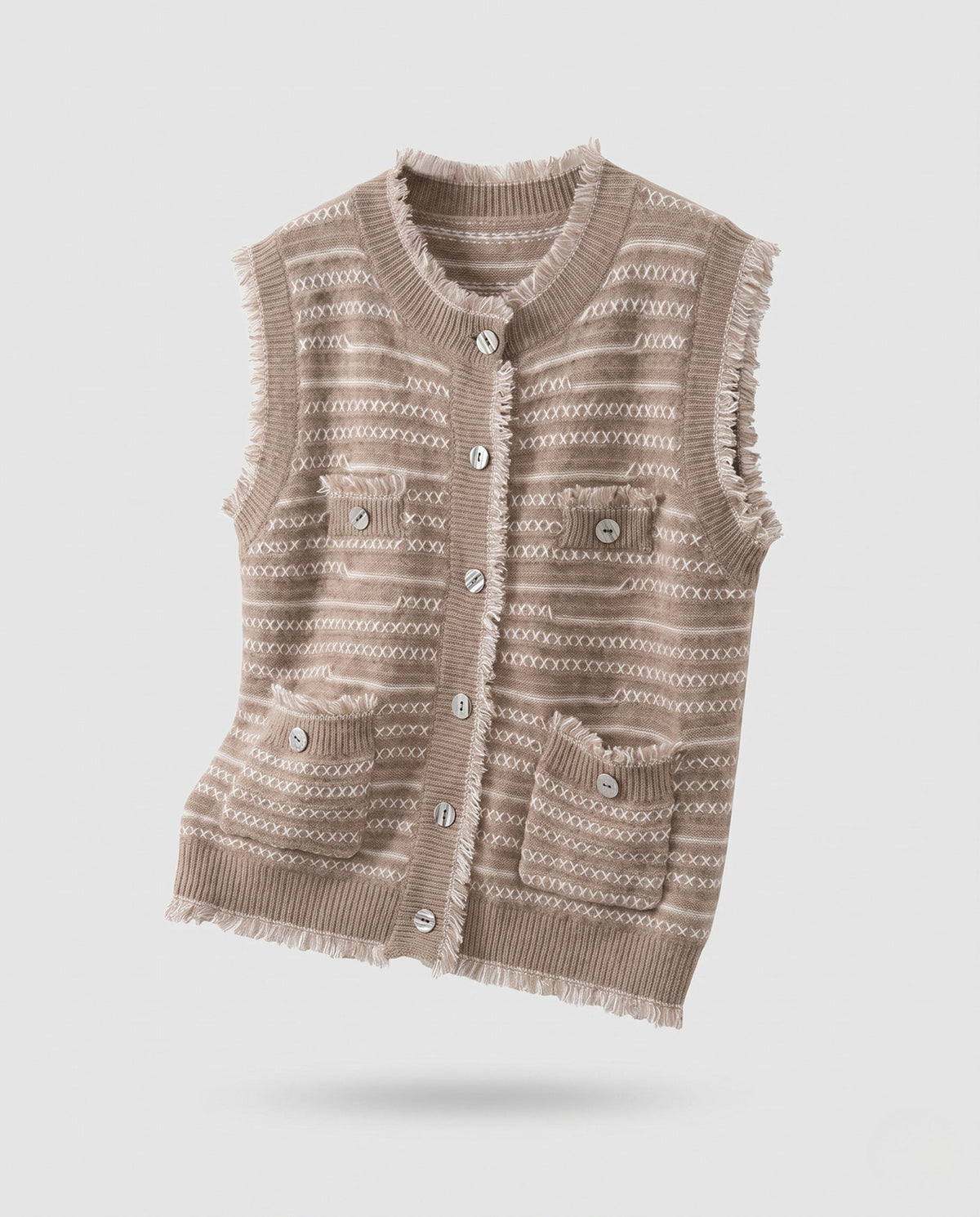 Strickweste mit Jacquardmuster und Fransen für Damen - Beige