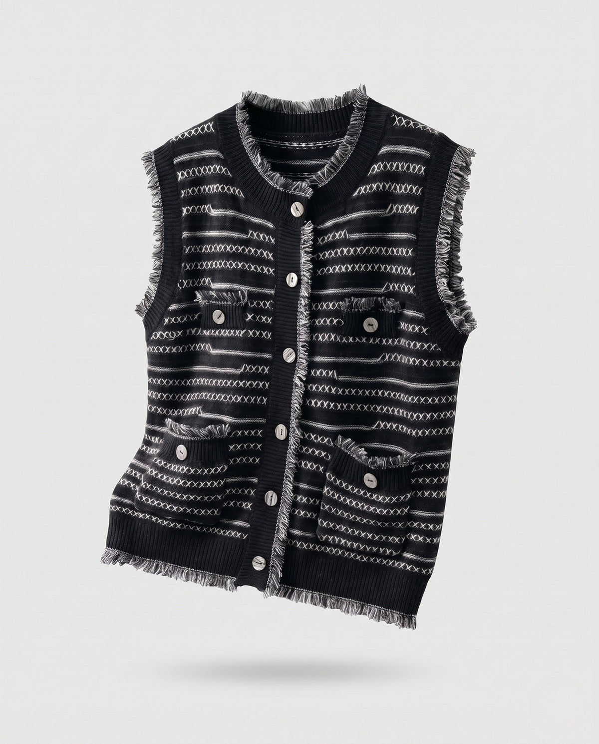 Strickweste mit Jacquardmuster und Fransen für Damen - Schwarz