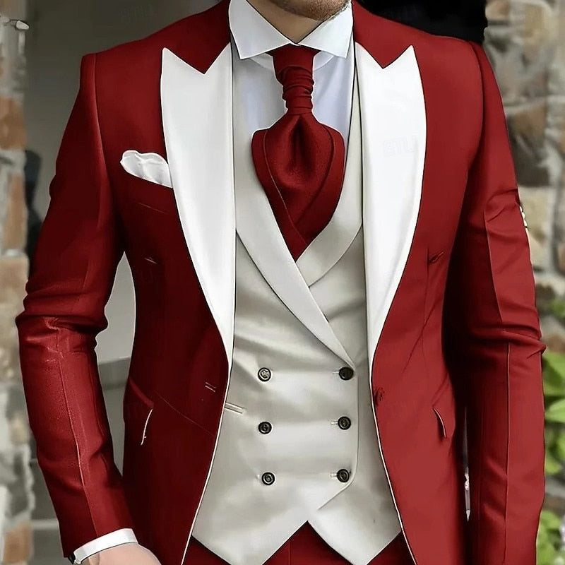 Contrast-Lapel Three-Piece Suit - Burgundy