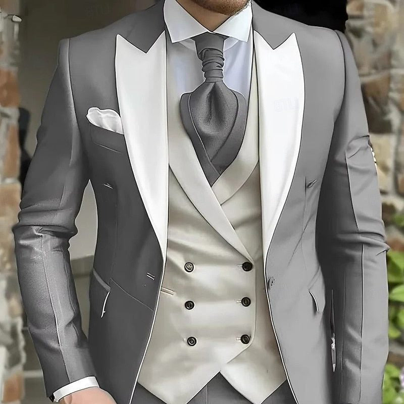 Contrast-Lapel Three-Piece Suit - Light Grey