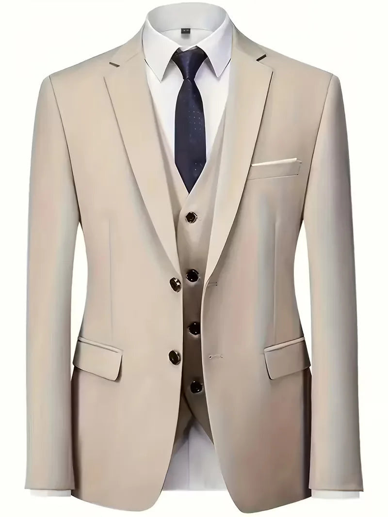 Notch-Lapel Three-Piece Suit with Pointed Waistcoat - Beige