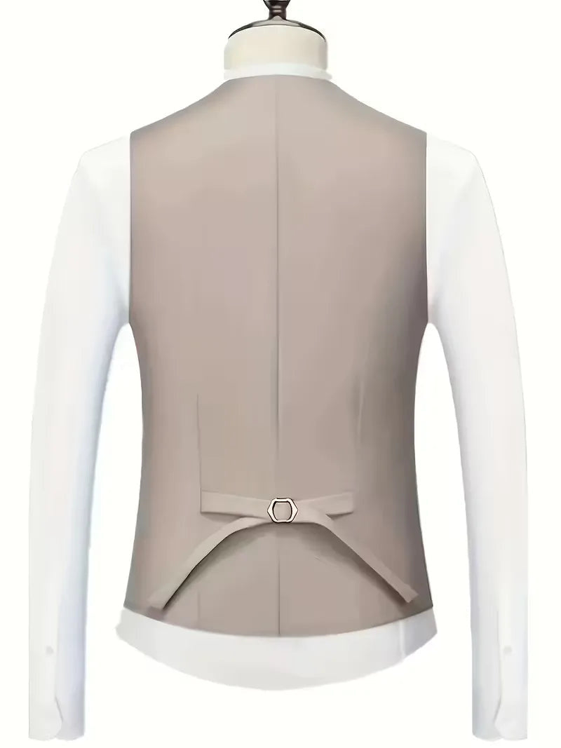Notch-Lapel Three-Piece Suit with Pointed Waistcoat - Beige
