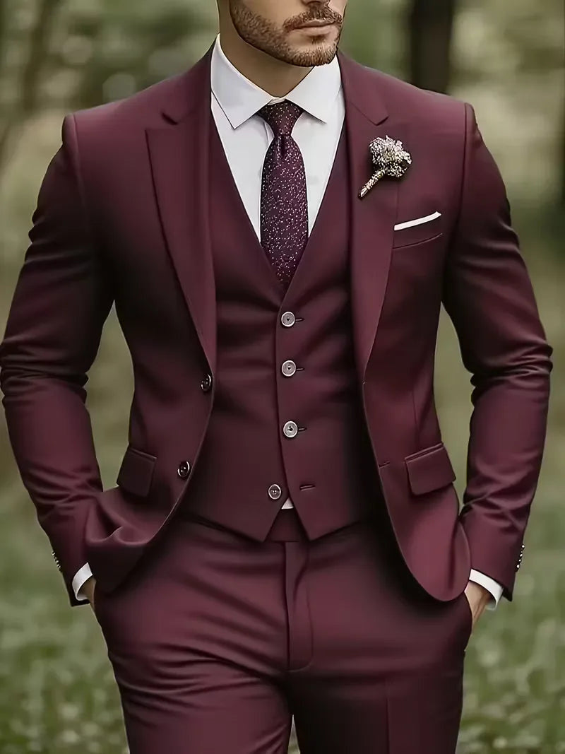 Notch-Lapel Three-Piece Suit with Pointed Waistcoat - Burgundy