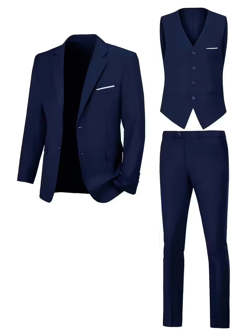 Notch-Lapel Three-Piece Suit with Pointed Waistcoat - Navy Blue