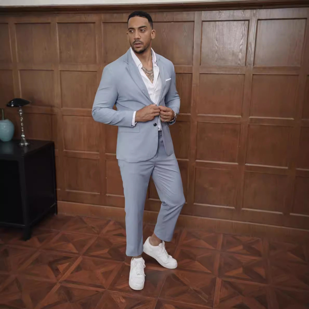 Double-Breasted Suit with Ankle-Length Trousers - Light Blue