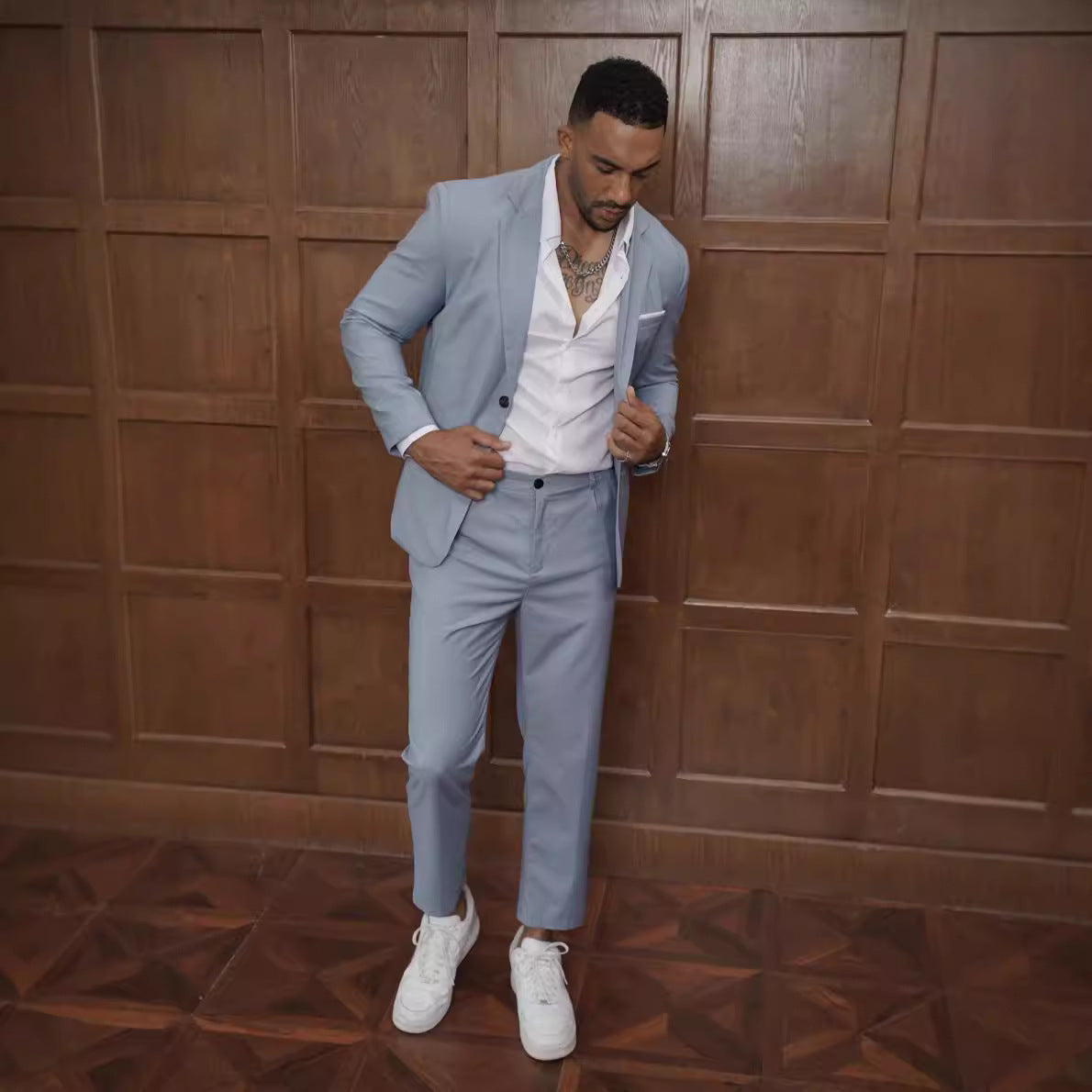 Double-Breasted Suit with Ankle-Length Trousers - Light Blue
