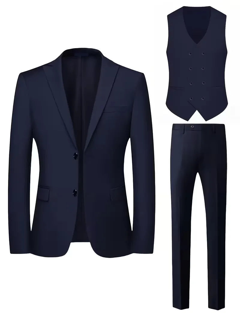 Three-Piece Suit with Double-Breasted Waistcoat - Navy Blue