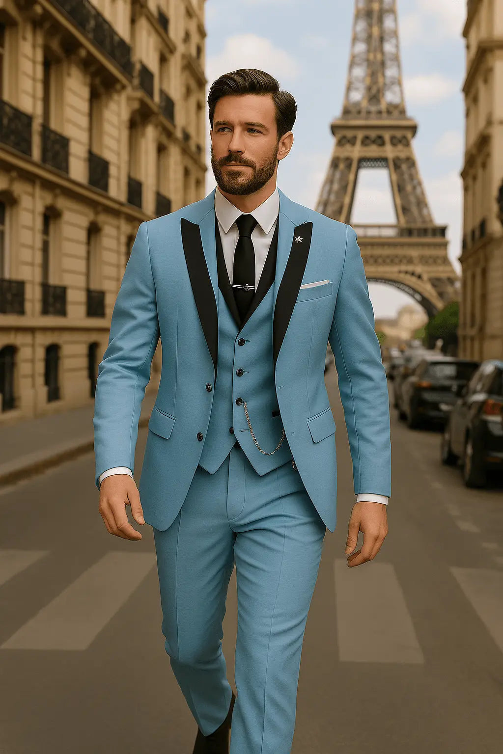 Slim-Fit Notch-Lapel Three-Piece Suit - Light Blue