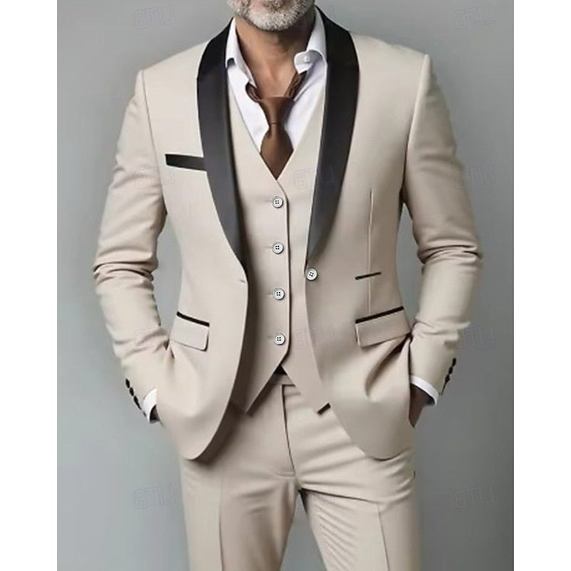 Shawl-Lapel Three-Piece Dinner Suit - Beige