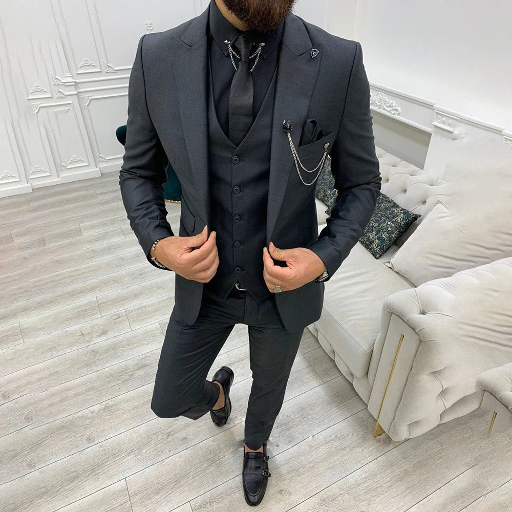 Three-Piece Suit with Contrast-Trim Notch Lapels - Black
