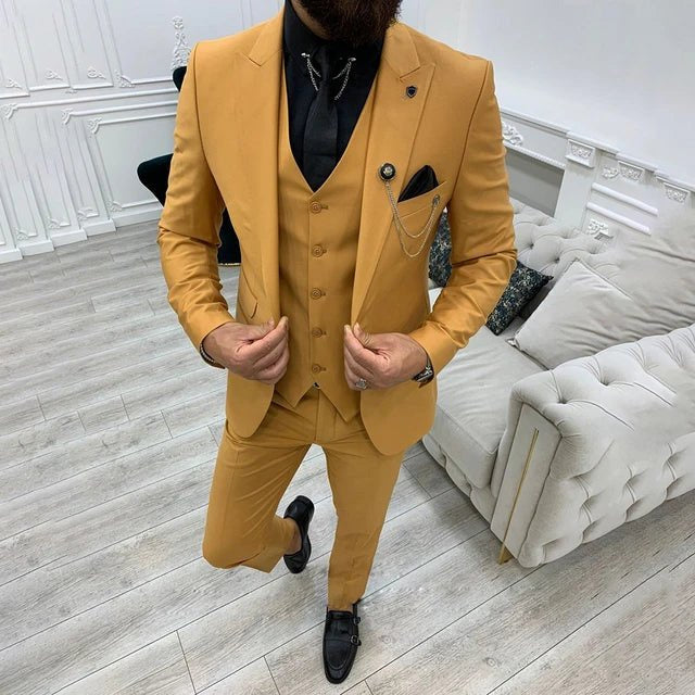 Three-Piece Suit with Contrast-Trim Notch Lapels - Yellow