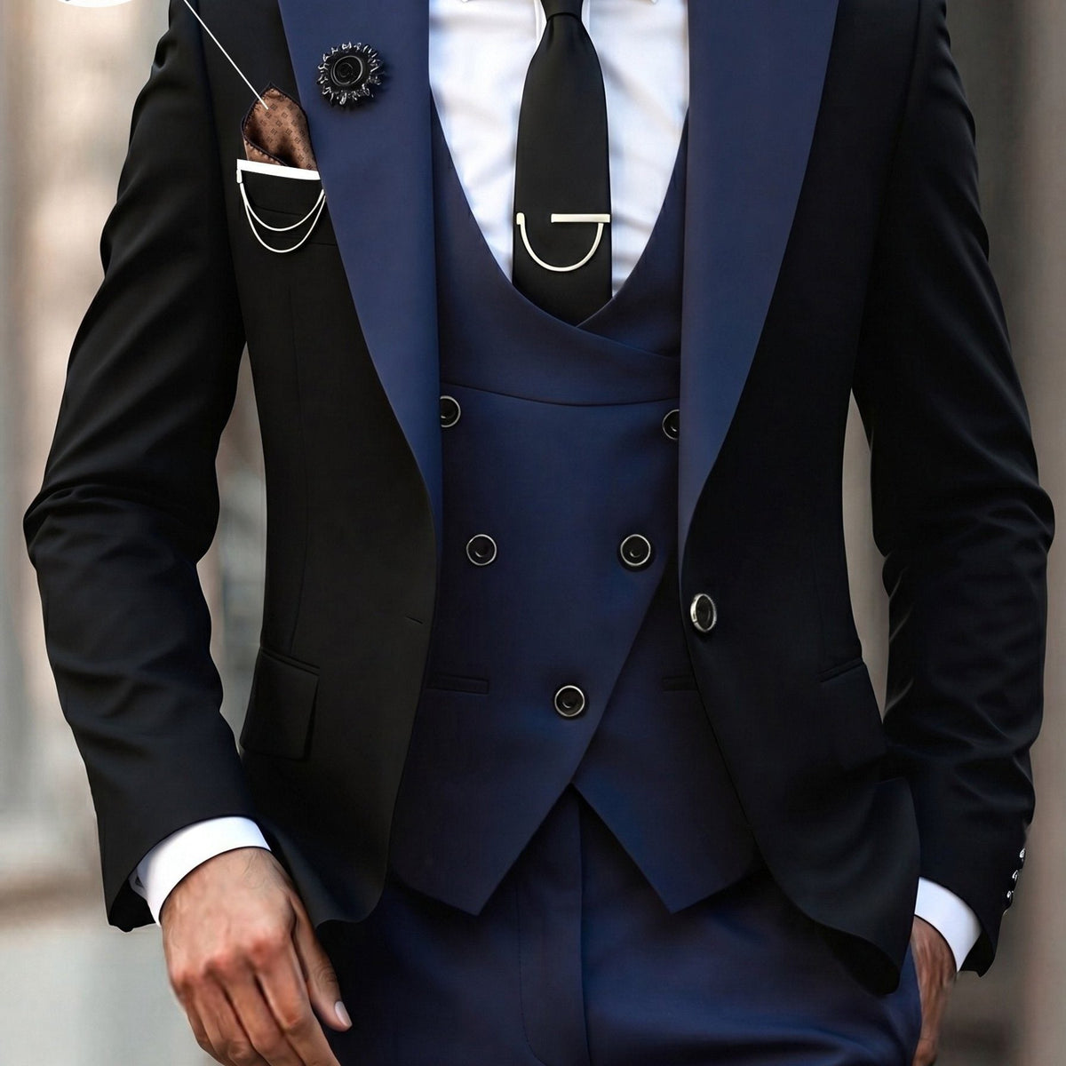 Contrast-Panel Three-Piece Suit - Navy