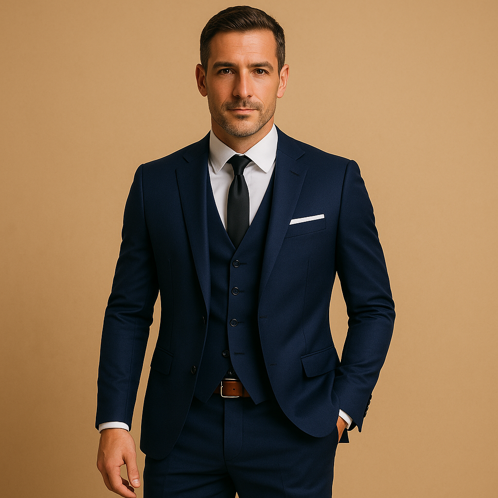 Single-Button Three-Piece Suit with V-Neck Waistcoat - Navy Blue