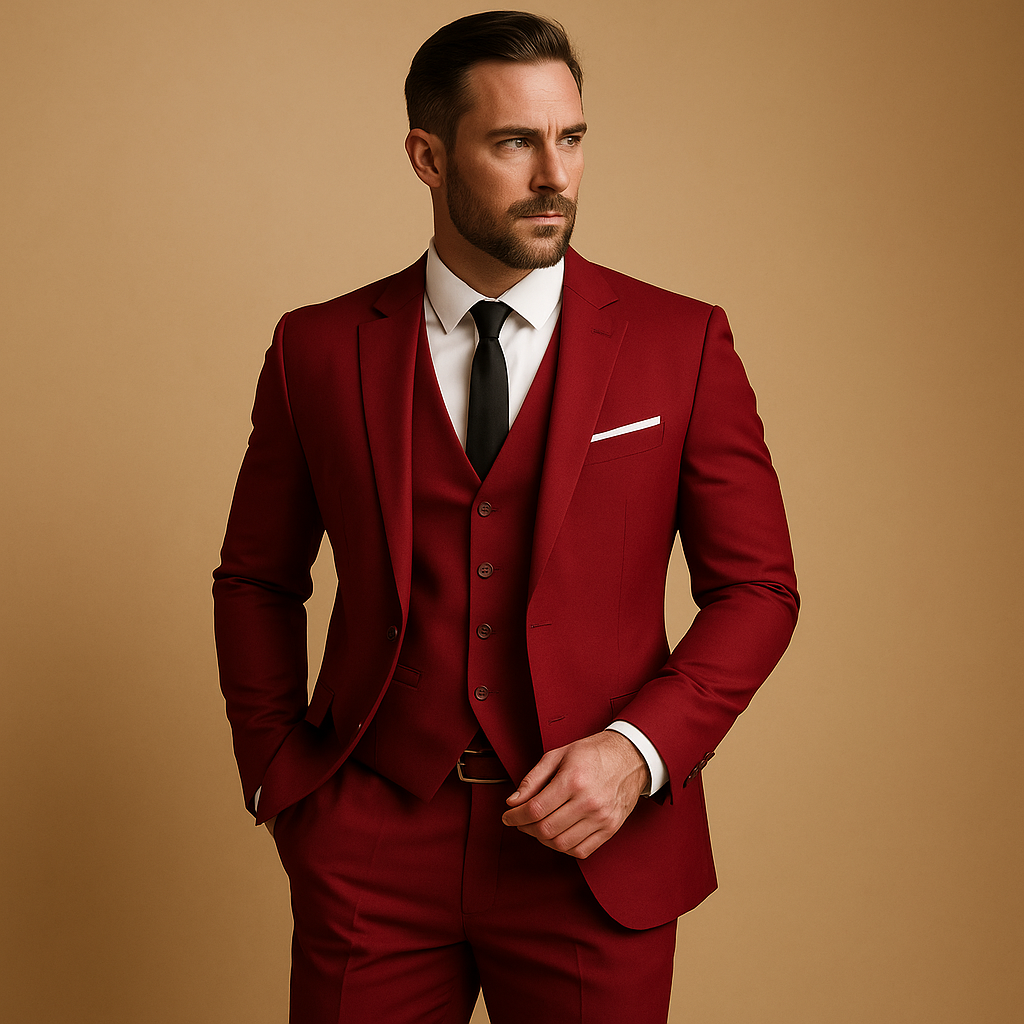 Single-Button Three-Piece Suit with V-Neck Waistcoat - Red