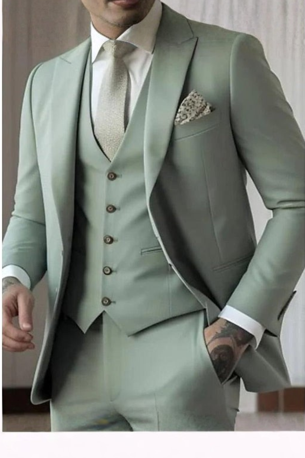 Slim-Fit Three-Piece Suit with Peak Lapels - Sage
