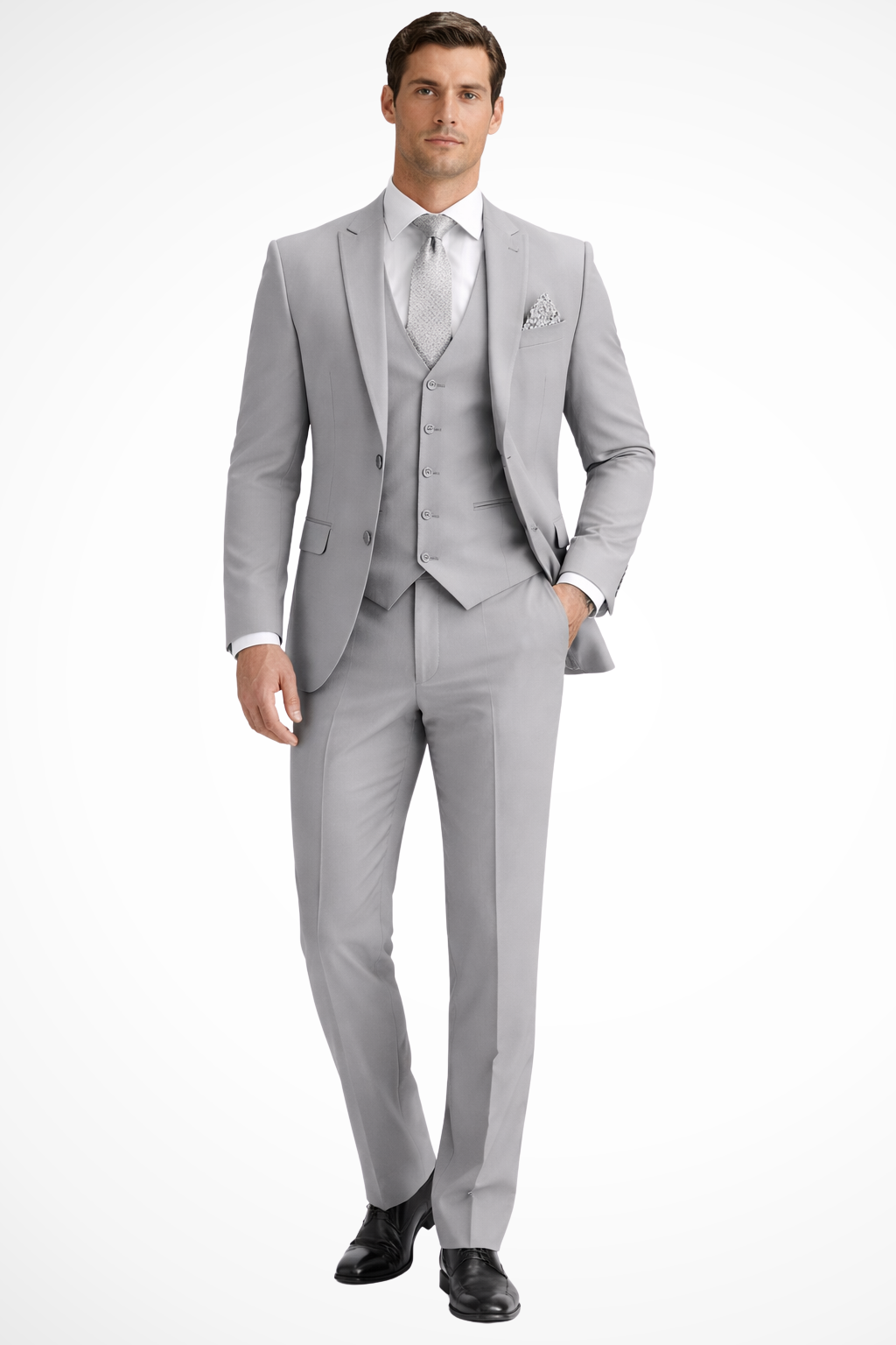 Slim-Fit Three-Piece Suit with Peak Lapels - Light Grey