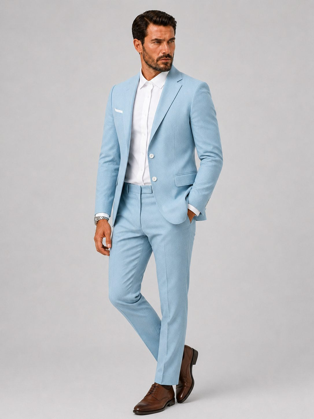 Slim-Fit Two-Button Suit with Straight-Leg Trousers - Light Blue