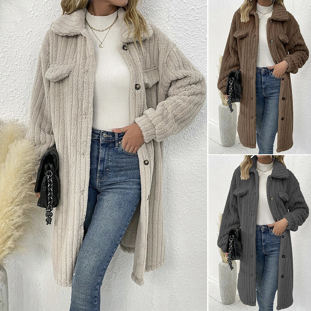Teddymantel mit Rippstruktur und Brusttaschen für Damen