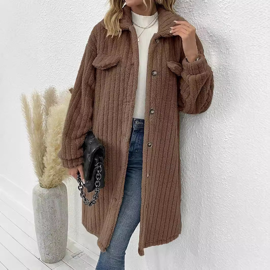 Teddymantel mit Rippstruktur und Brusttaschen für Damen