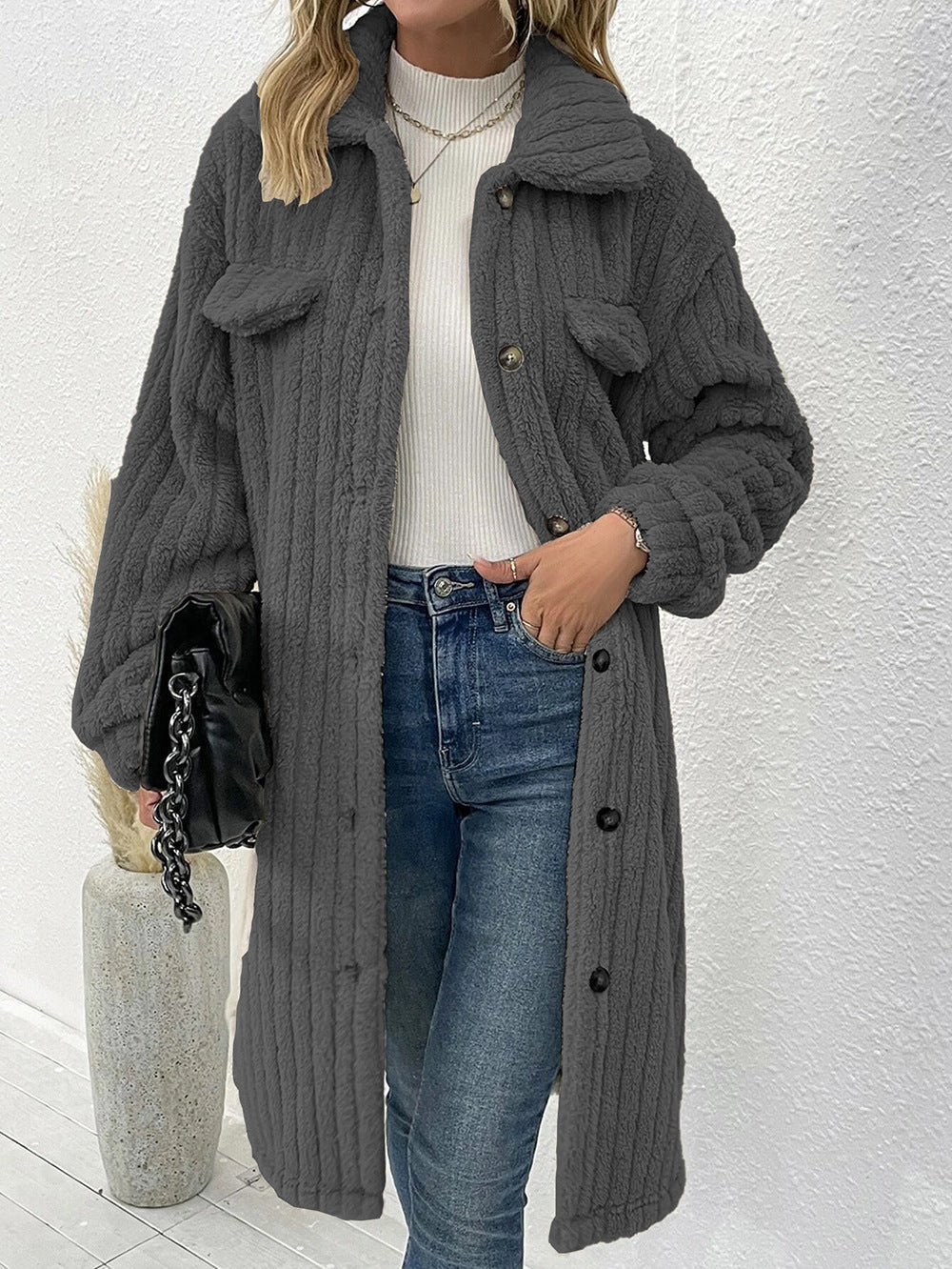 Teddymantel mit Rippstruktur und Brusttaschen für Damen - Dunkelgrau