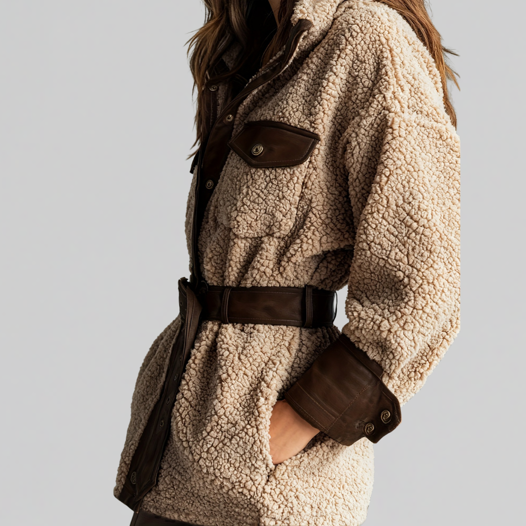 Teddyjacke mit Gürtel und Knopfleiste für Damen