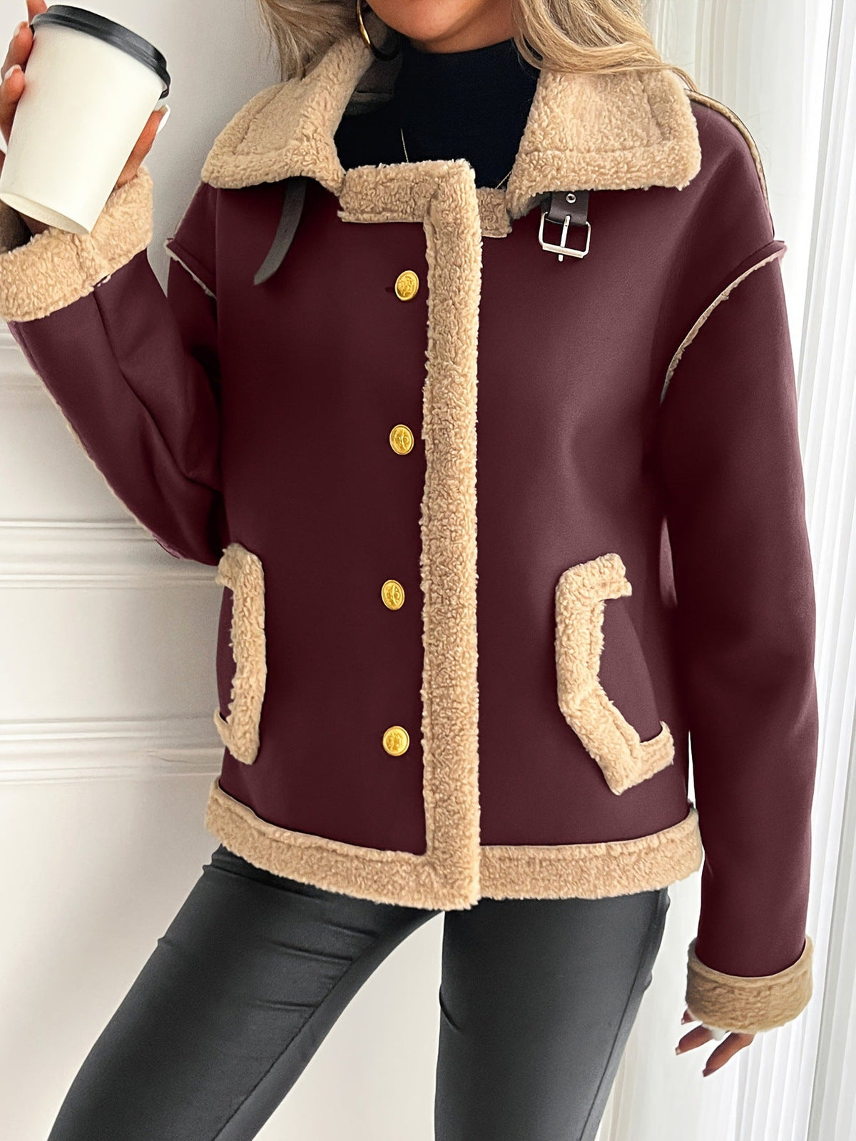 Teddyjacke mit Knopfleiste und Seitentaschen für Damen