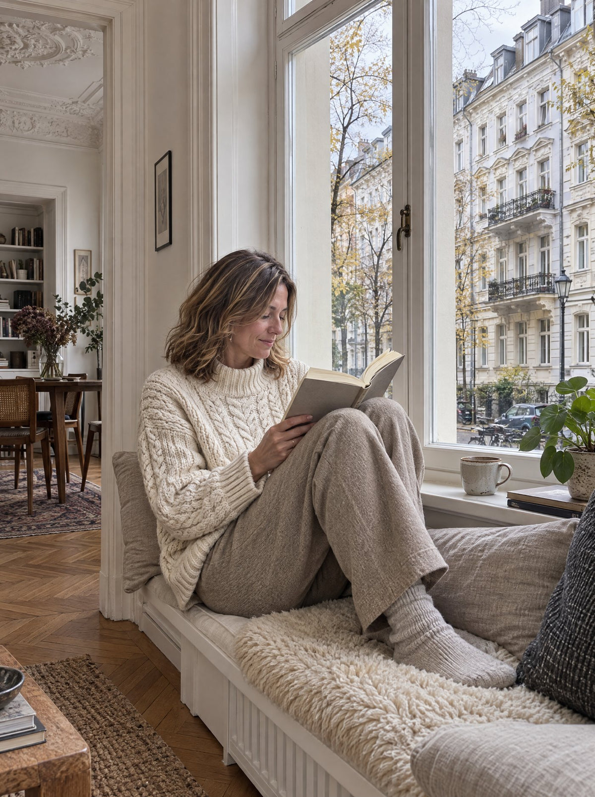 Frau im cremefarbenen Zopfstrickpullover liest auf einer Fensterbank