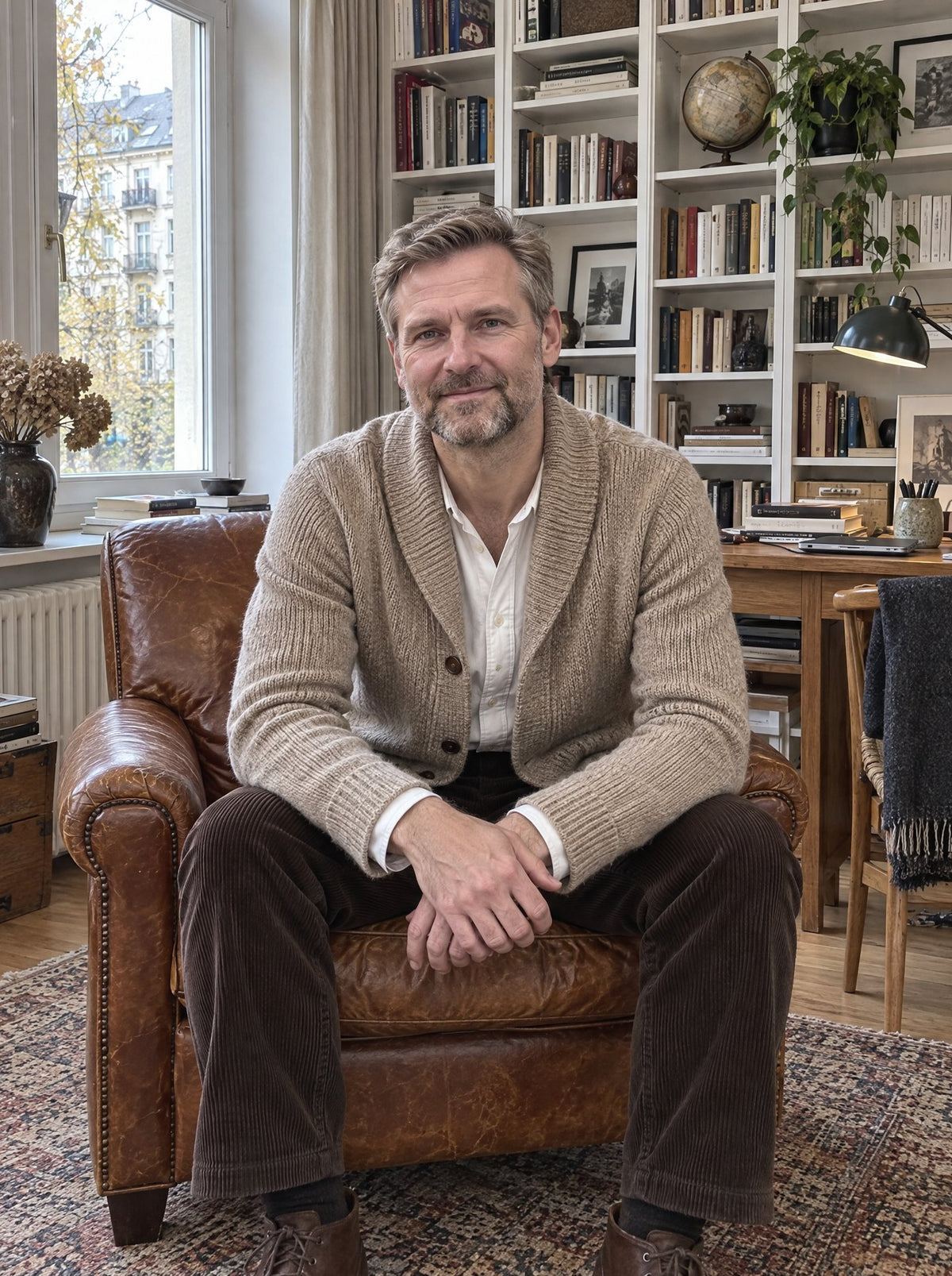 Mann in einer Strickjacke mit Schalkragen in einem Ledersessel