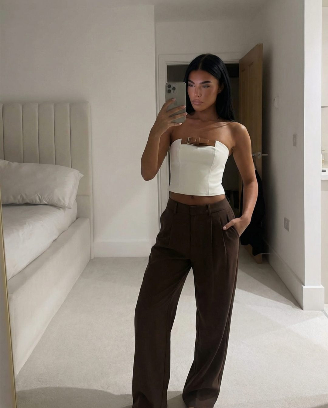 High-Waisted Wide-Leg Trousers with Deep Pleats - Brown