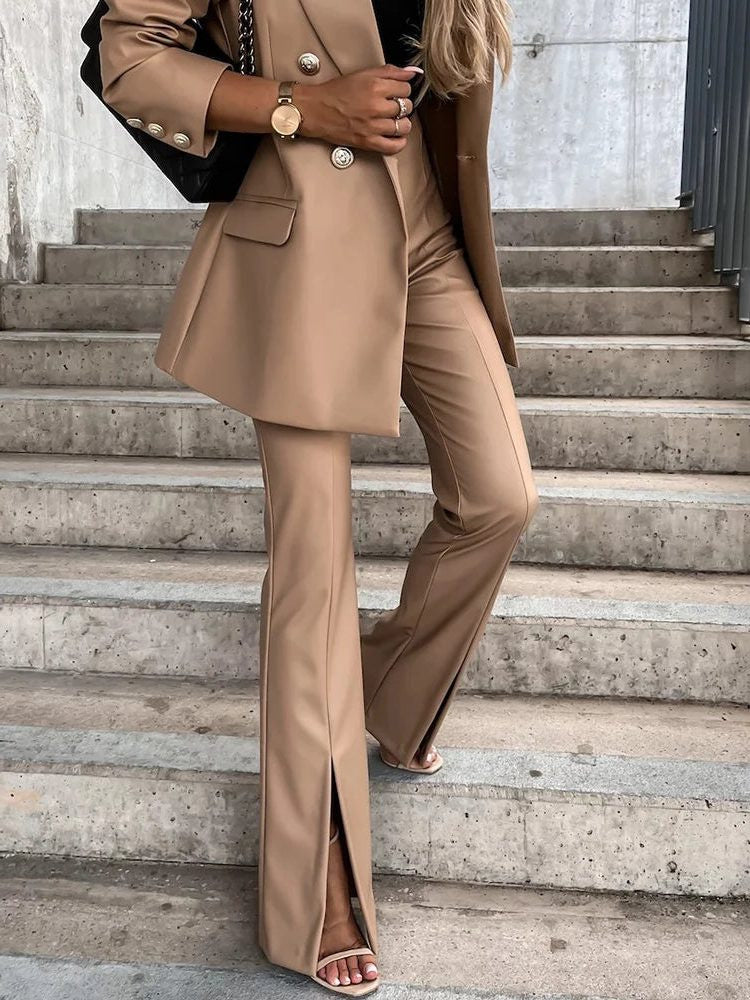 High-Waisted Faux Leather Flared Trousers - Khaki