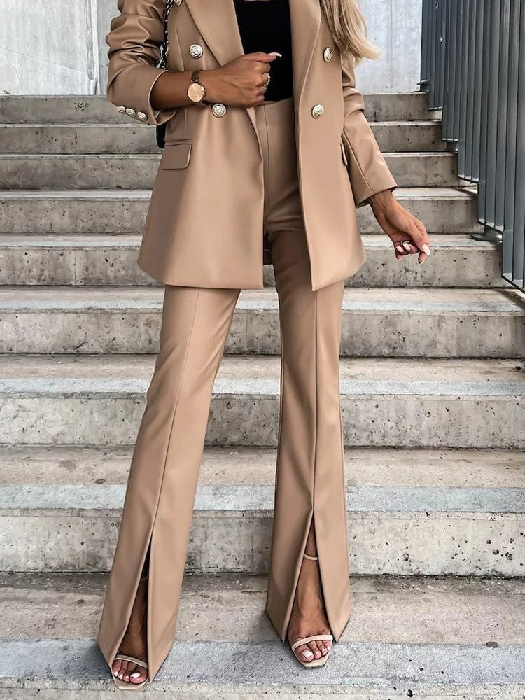 High-Waisted Faux Leather Flared Trousers - Khaki