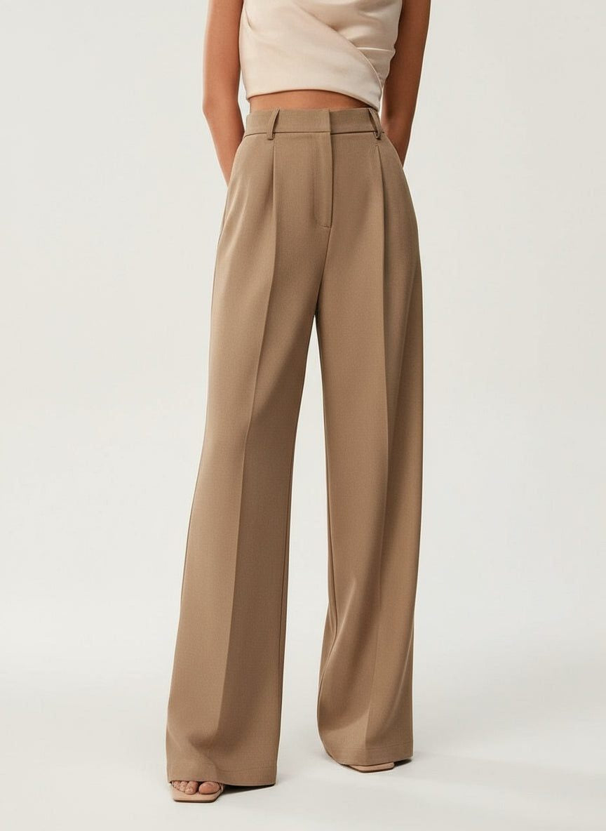 High-Waisted Tailored Trousers with Front Pleats - Camel