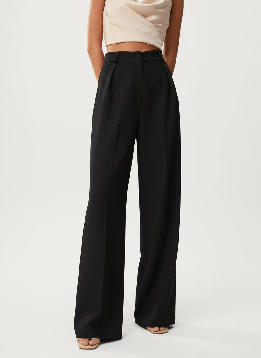 High-Waisted Tailored Trousers with Front Pleats - Black