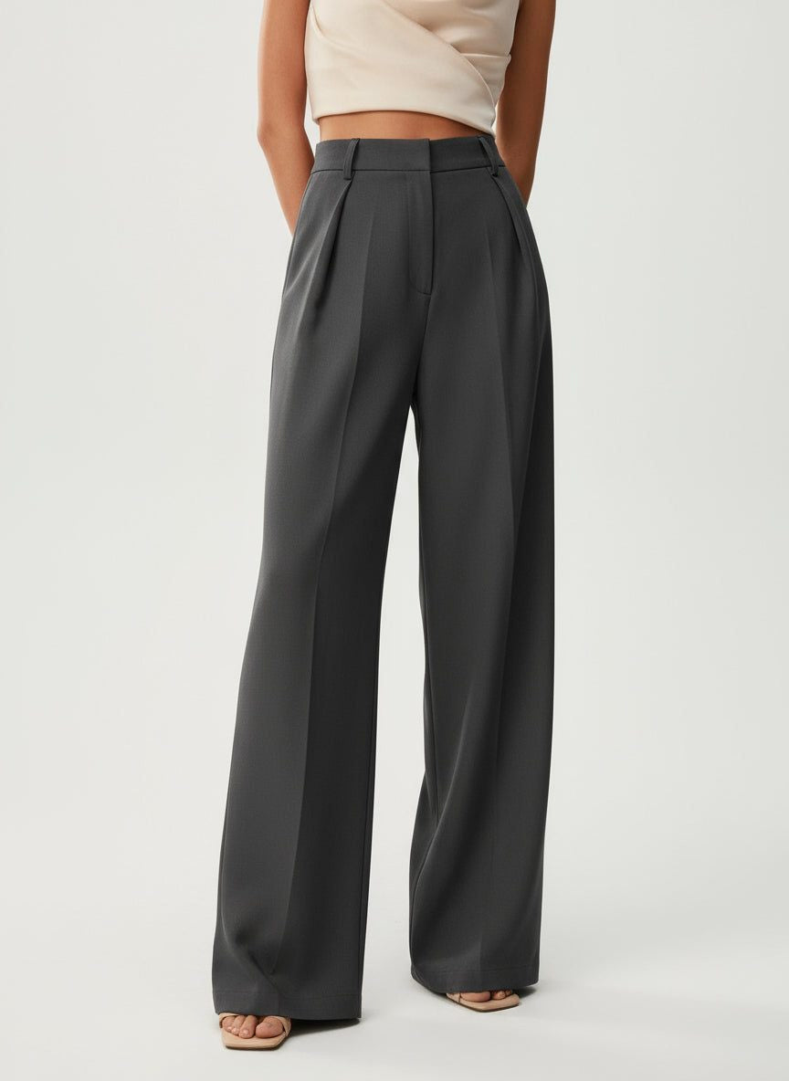 High-Waisted Tailored Trousers with Front Pleats - Dark Grey